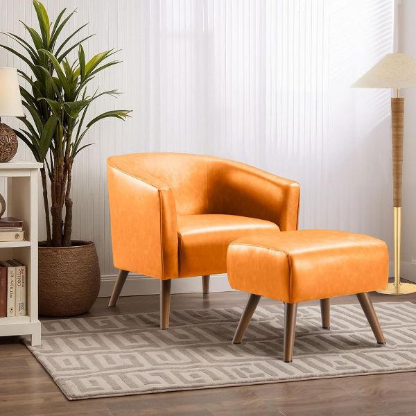 TiramisuBest Yellow Accent Chair with Ottoman, Mid-Century Modern Barrel Armchair for Living Room, Bedroom & Office