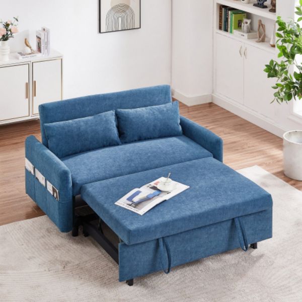 TiramisuBest 55.1" Blue Sleeper Loveseat Sofa Bed, Pull Out Couch with Adjustable Back, USB Charging & 2 Soft Pillows