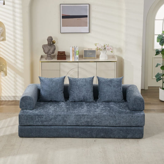 TiramisuBest Blue Chenille Comfy Convertible Floor Sofa Bed, Folding Lounge Couch for Studio & Small Spaces