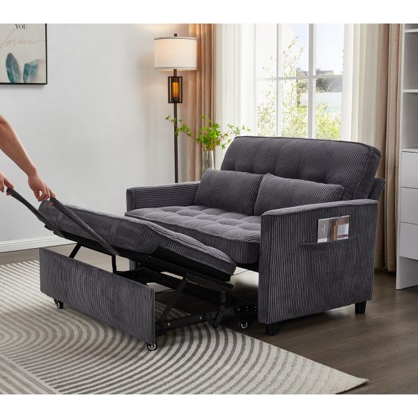 TiramisuBest 55" Corduroy Foldable Sofa Bed with Adjustable Backrest and USB Port, 2-Seat Convertible Sleeper Couch with Pillows, Dark Gray