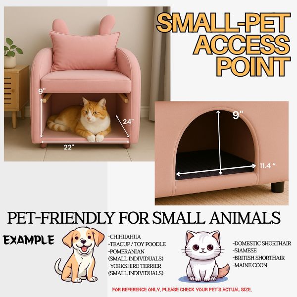 TiramisuBest Velvet Bunny-Ear Accent Chair, Pink Pet-Friendly Sofa with Built-in Pet Hideaway & Side Pocket