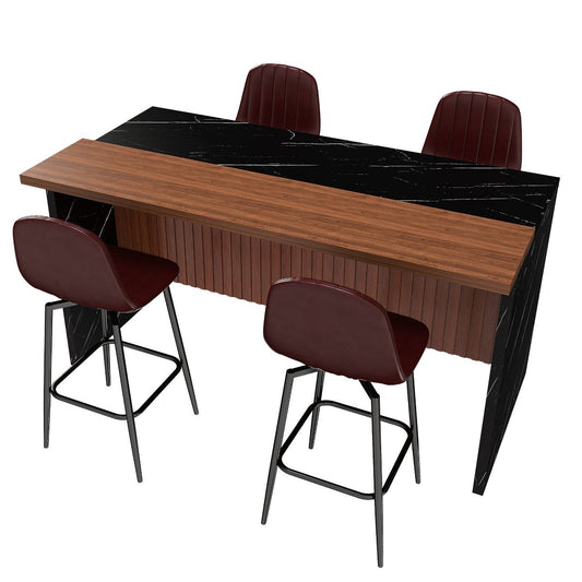 TiramisuBest Modern 63" Kitchen Island Set, Black Marble-Look Surface with LED Lighting, Grill Design & 4 Dark Brown Stools