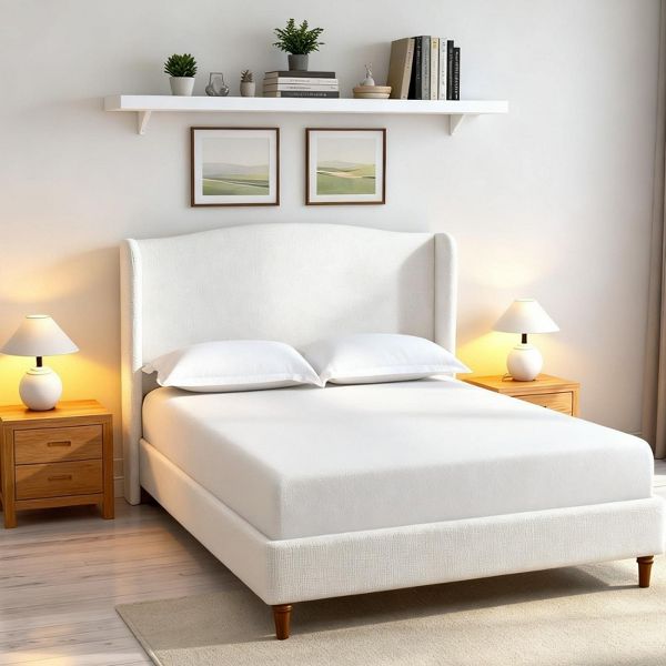 TIRAMISUBEST Tall 54" Upholstered Wingback Queen/King Bed Frame Tall Textured Canvas Chenille Look Minimalist No Box Spring Needed