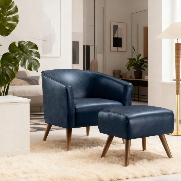 Accent Chair with Ottoman Modern Barrel Chair Footrest Mid Century Upholstered Armchair for Living Room Bedroom Office