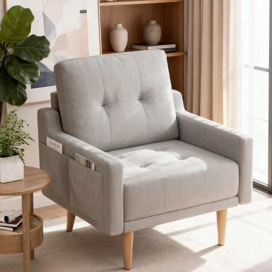 Mid Century Modern Accent Chair Upholstered Armchair Comfy Reading Chair Wood Legs Fabric Single Sofa Living Room