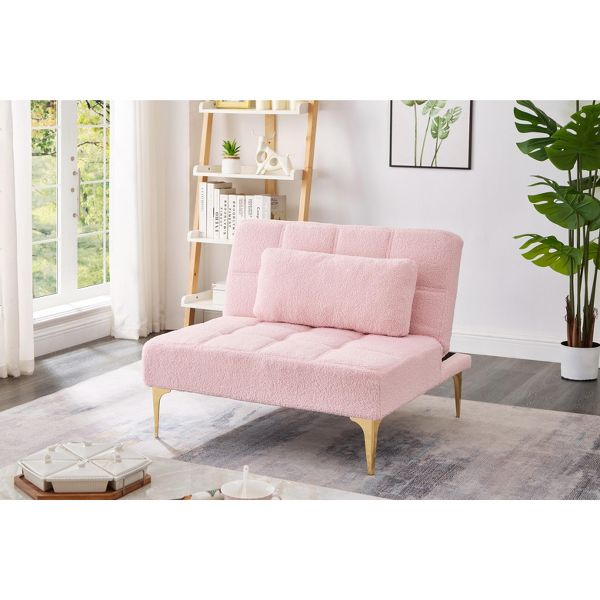 TiramisuBest Cozy Pink Fabric Convertible Sofa Bed Futon, Single Couch with Gold Legs for Living Room