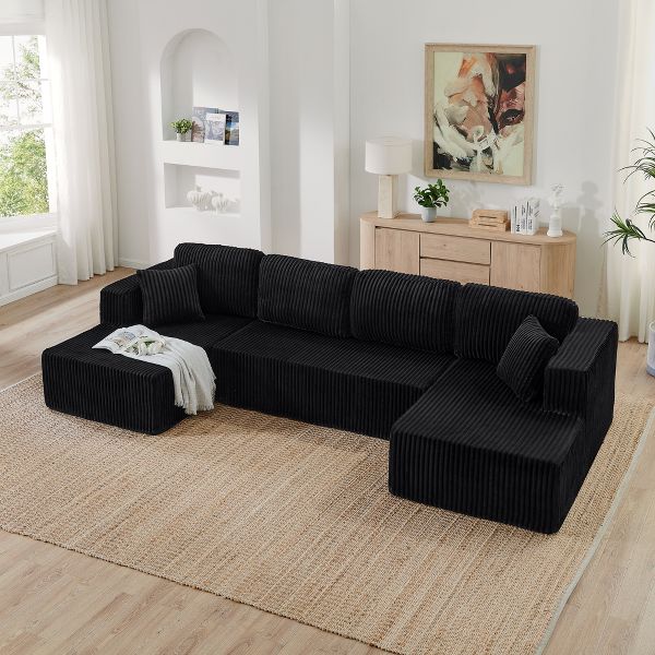 TiramisuBest Modern U-Shaped Modular Sofa, Black Corduroy Sleeper Couch for Bedroom & Living Room Comfort