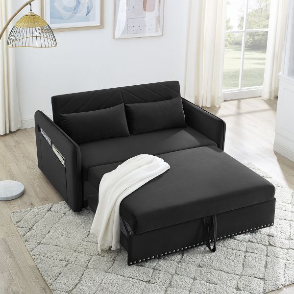 TiramisuBest Convertible Sleeper Sofa Bed, Black Velvet 3-in-1 Pull-Out Couch,USB Charging & Storage Pocket