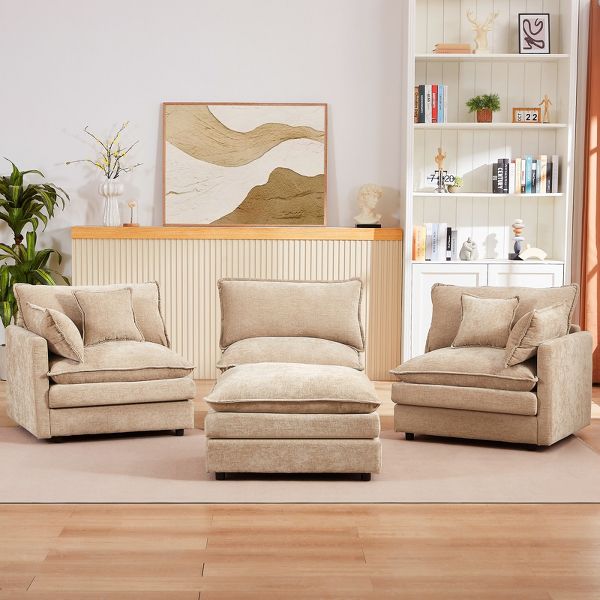102" Modular Chenille Sectional Sofa L-Shape 3-Seater Movable Ottoman DIY Combination Cloud Cushion Solid Wood Frame Living Room