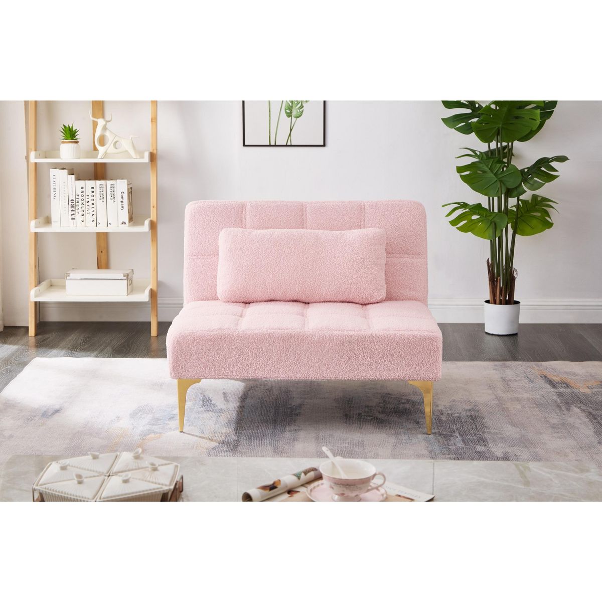 TiramisuBest Cozy Pink Fabric Convertible Sofa Bed Futon, Single Couch with Gold Legs for Living Room
