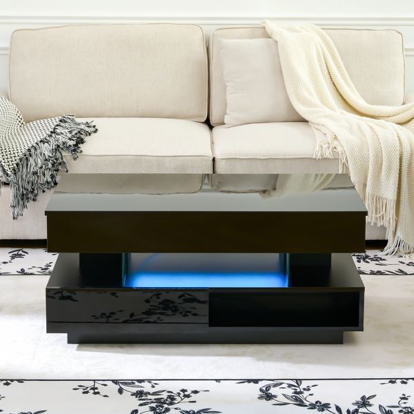 TiramisuBest 39.3" Modern Coffee Table, Lift Top with Hidden Storage, 2 Drawers & LED Lighting,Black