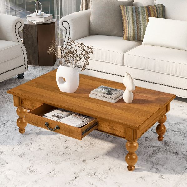 TiramisuBest Rectangular Solid Wood Coffee Table, Vintage Cocktail Table with Storage Drawer for Living Room,Natural