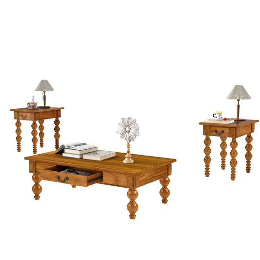 TiramisuBest Vintage Solid Wood Coffee Table Set of 3, Coffee Table & 2 End Side Tables with Storage,Natural