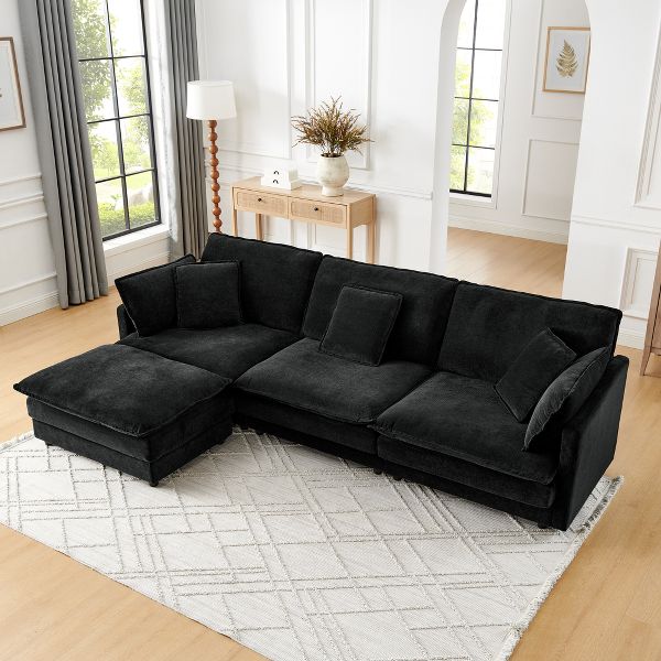 Modern L-Shaped Sectional Sofa Convertible 4 Seater Ottoman Storage Towel Fabric Solid Wood Frame Living Room
