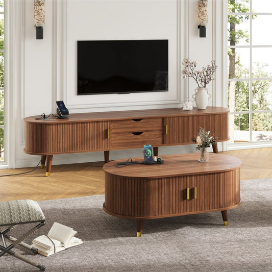 TiramisuBest Wooden TV Stand & Coffee Table Set, Oval Fluted Media Console with Charging Station for TVs up to 80" ,Walnut