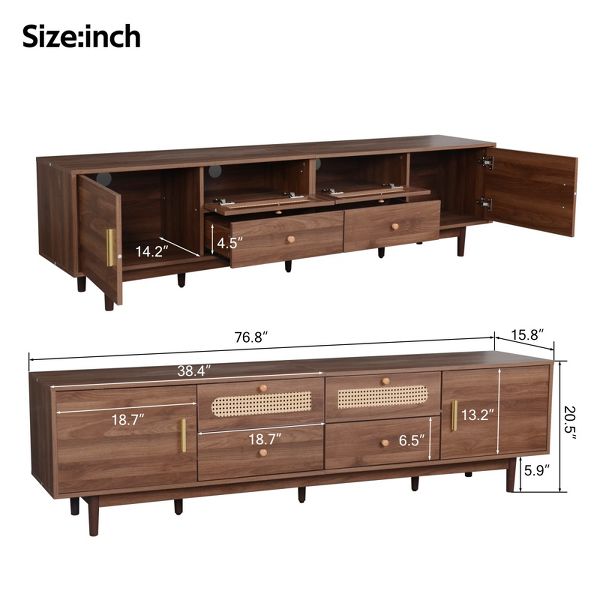 TIRAMISUBEST Mid Century Modern TV Stand 80 Inch Rattan Sliding Doors Drawers Solid Wood Legs Waterproof Storage Living Room Bedroom