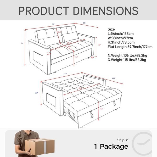 TiramisuBest 3 in 1 Velvet Sleeper Sofa Bed Adjustable Backrest Pull Out Couch with Armrests Storage Pockets and 2 Pillows for Living Room