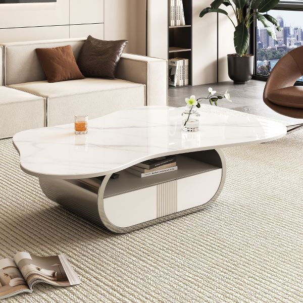 TiramisuBest Oval Butterfly Coffee Table, Modern Sintered Stone Top with Storage Shelf & Drawer, Steel Base,Grey&White