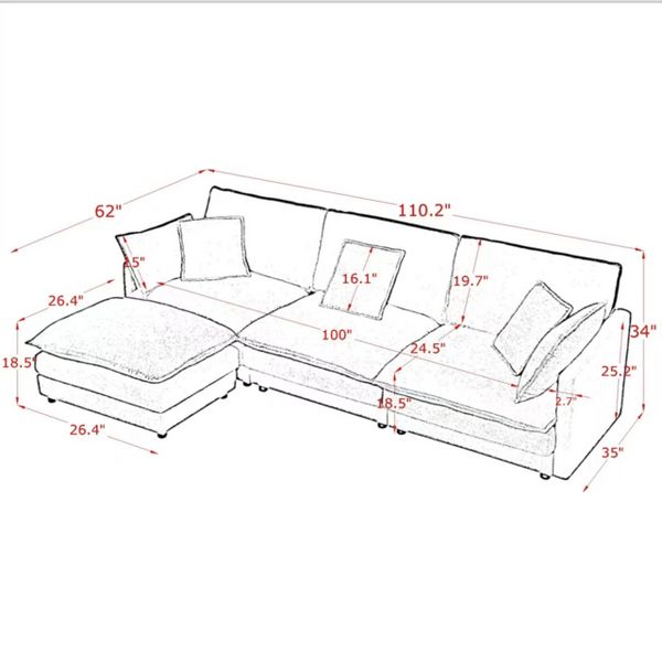 Tiramisubest Cloud Couch Sectional Convertible L Shaped Sofa Corduroy Sofa with Storage Ottoman Deep Seat 4-Seater Couch
