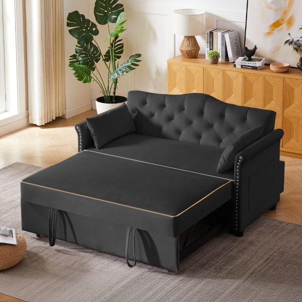 TiramisuBest Black Velvet Sofa Bed, Engineered Wood Frame Sleeper Couch for Living Room & Apartment Spaces