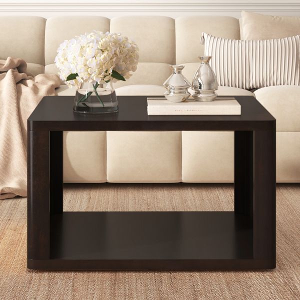 TiramisuBest 30.8" Square Coffee Table, Farmhouse Dark Brown 2-Tier Center Table with Storage Compartment