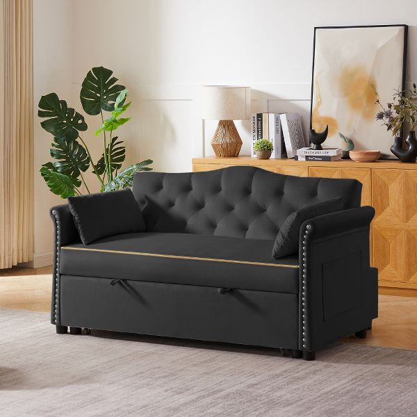 TiramisuBest Black Velvet Sofa Bed, Engineered Wood Frame Sleeper Couch for Living Room & Apartment Spaces