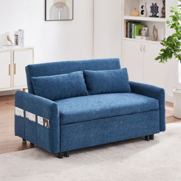 TiramisuBest 55.1" Blue Sleeper Loveseat Sofa Bed, Pull Out Couch with Adjustable Back, USB Charging & 2 Soft Pillows