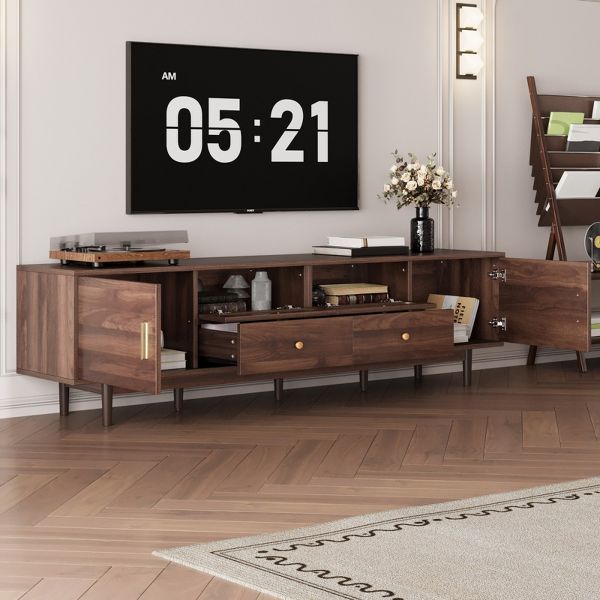 TIRAMISUBEST Mid Century Modern TV Stand 80 Inch Rattan Sliding Doors Drawers Solid Wood Legs Waterproof Storage Living Room Bedroom