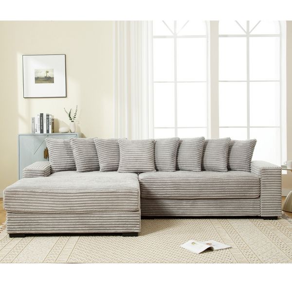TiramisuBest Gray L-Shaped Two-Piece Sofa, Corduroy Corner Couch with Left Chaise, Armrests & 8 Cushions