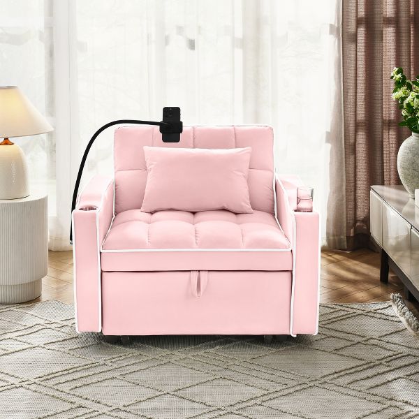 TiramisuBest 3-in-1 Pull-Out Sleeper Chair Bed, Space-Saving Velvet Convertible Sofa with Storage Pockets,Pink