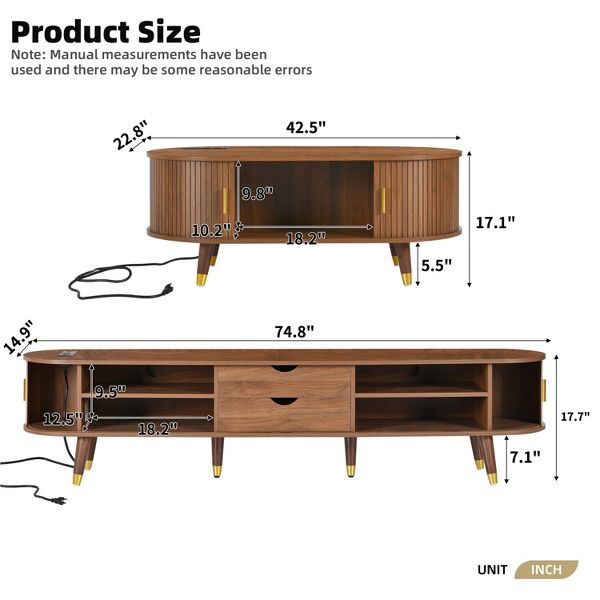 TiramisuBest Wooden TV Stand & Coffee Table Set, Oval Fluted Media Console with Charging Station for TVs up to 80" ,Walnut