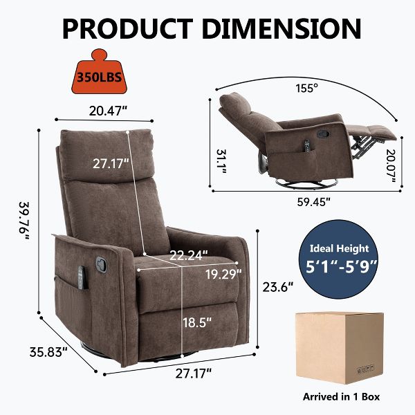 TIRAMISUBEST 3-Mode Fabric Heated Massage Manual Recliner Swivel Rocker Reclines Up to 155 Degrees and Features 8 Vibration Nodes