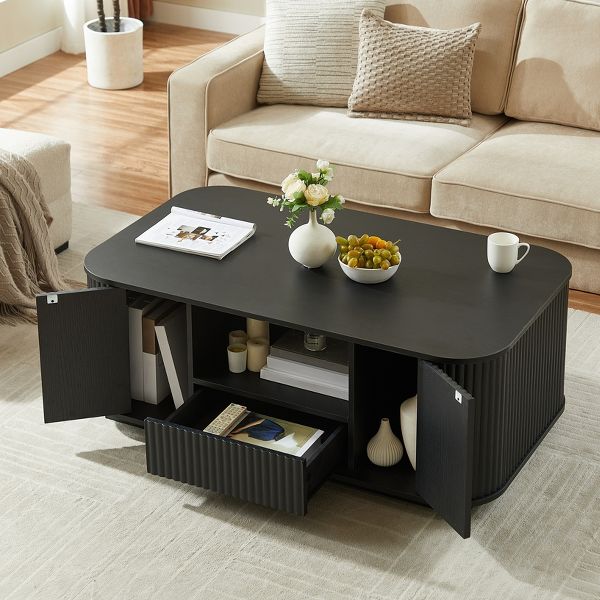 TiramisuBest Modern 46.5" Oval Coffee Table, Luxury Curved Center Table with Drawers & Storage, Black