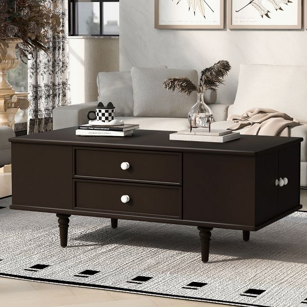 TiramisuBest Modern Coffee Table, 47.2" Rectangle Table with Solid Wood Legs, 4 Drawers & Side Storage,Brown