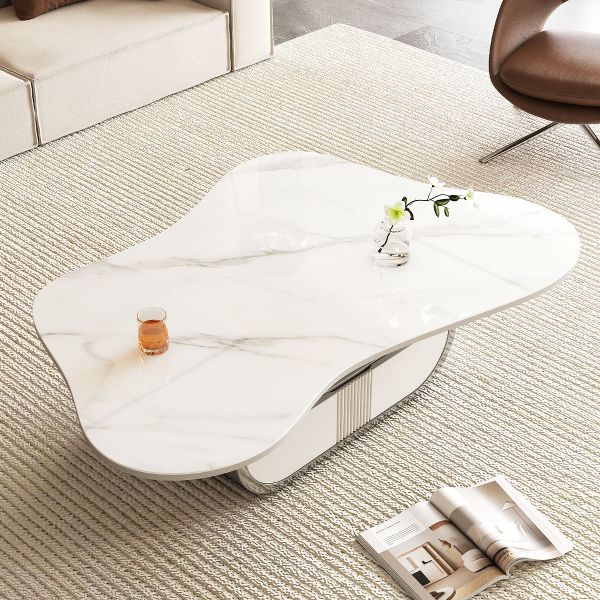TiramisuBest Oval Butterfly Coffee Table, Modern Sintered Stone Top with Storage Shelf & Drawer, Steel Base,Grey&White