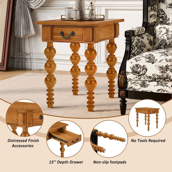 TiramisuBest Solid Wood Narrow End Table, Vintage Sofa Side Table with Drawer for Living Room,Natural