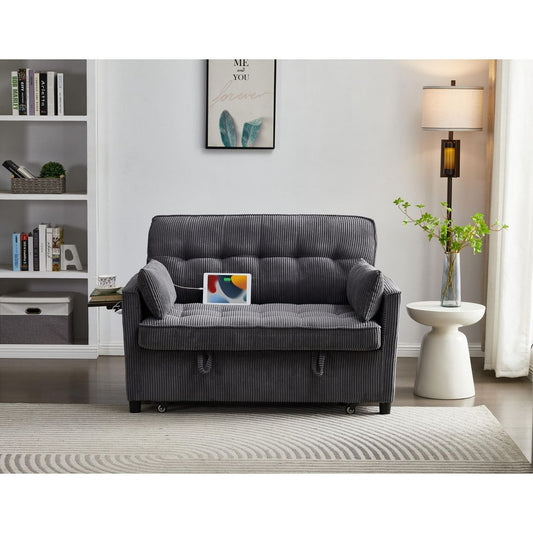 TiramisuBest 55" Corduroy Foldable Sofa Bed with Adjustable Backrest and USB Port, 2-Seat Convertible Sleeper Couch with Pillows, Dark Gray