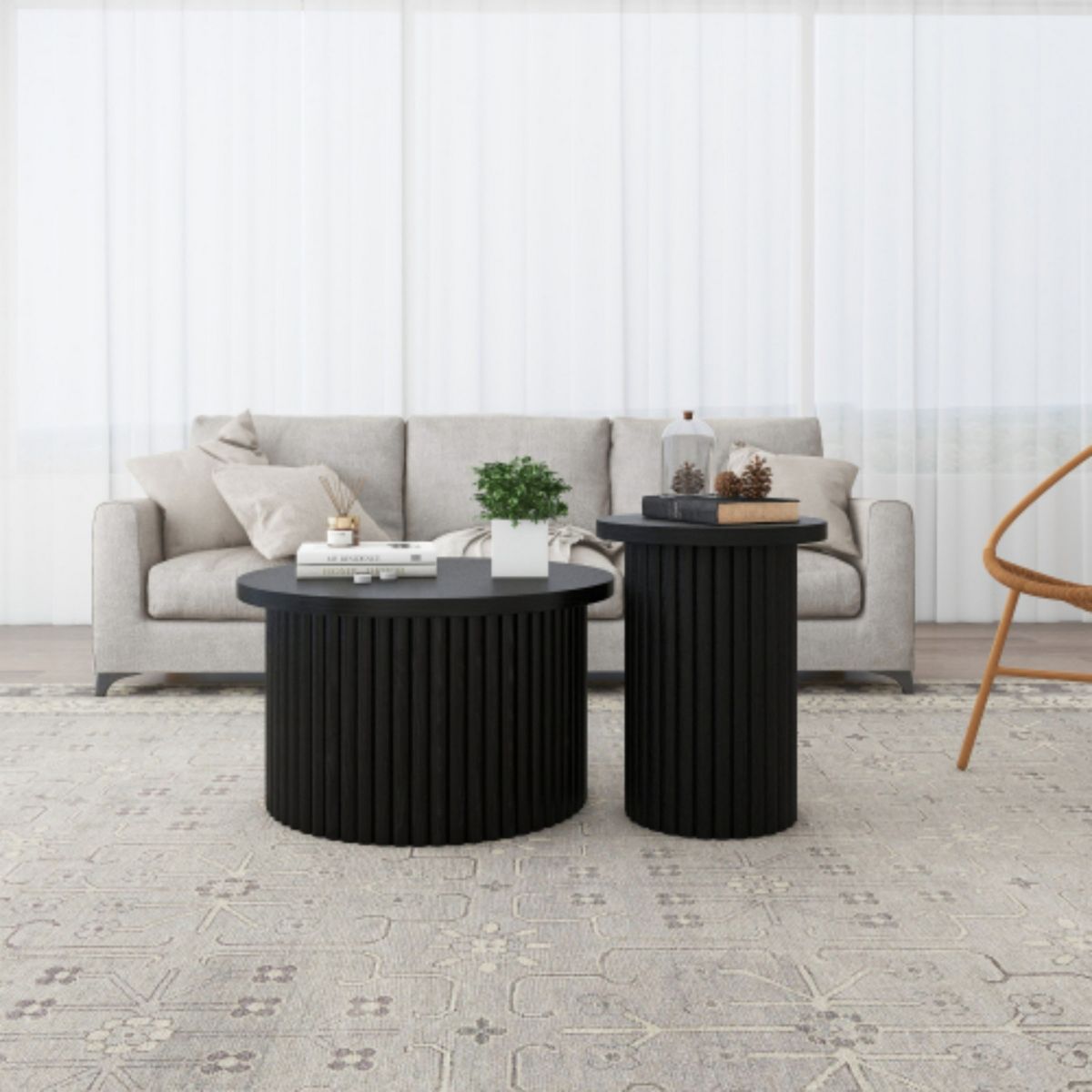 TiramisuBest Modern 2-Piece Round Coffee Table Set, Black Side & Accent End Tables for Living Room or Apartment