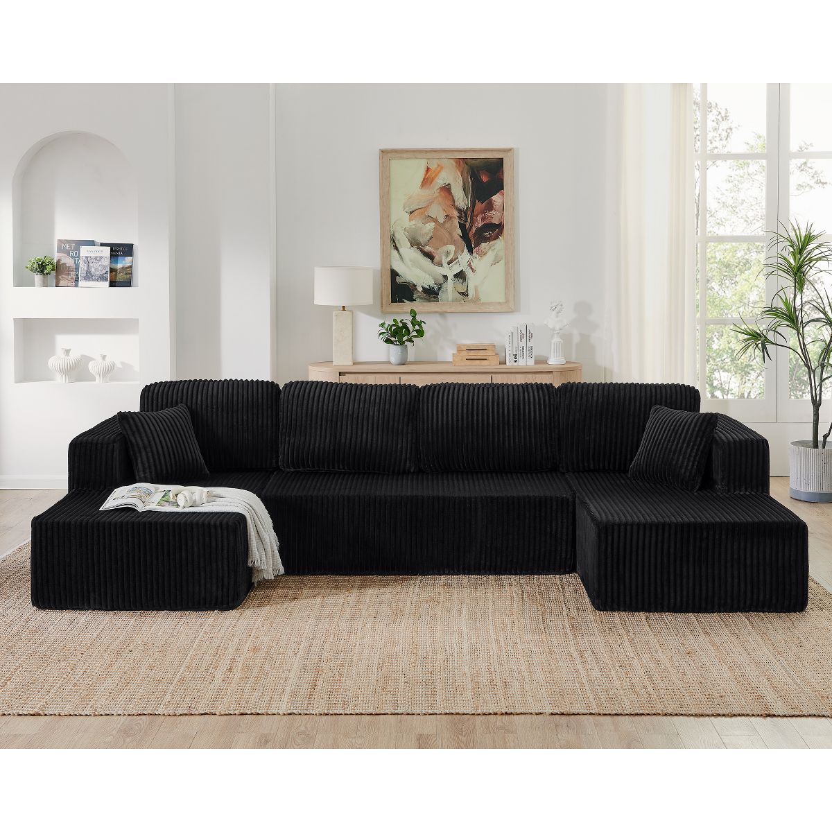 TiramisuBest Modern U-Shaped Modular Sofa, Black Corduroy Sleeper Couch for Bedroom & Living Room Comfort