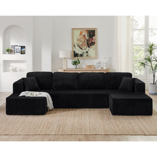 TiramisuBest Modern U-Shaped Modular Sofa, Black Corduroy Sleeper Couch for Bedroom & Living Room Comfort