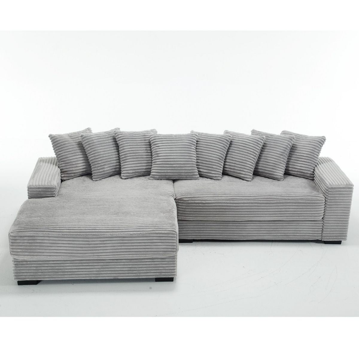 TiramisuBest Gray L-Shaped Two-Piece Sofa, Corduroy Corner Couch with Left Chaise, Armrests & 8 Cushions