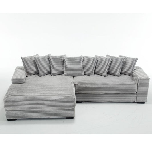 TiramisuBest Gray L-Shaped Two-Piece Sofa, Corduroy Corner Couch with Left Chaise, Armrests & 8 Cushions