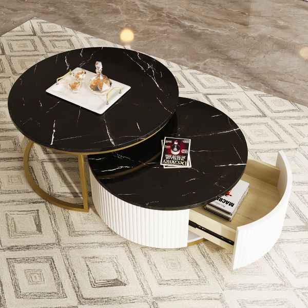 TiramisuBest 31.5" Round Fluted Coffee Table, Modern Nesting Table with Drawer in Black & Gold