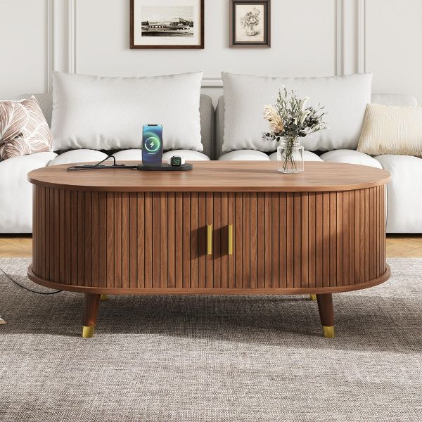 TiramisuBest Walnut 42.5" Oval Fluted Coffee Table, Mid-Century Center Table with Sliding Door & Charging Station