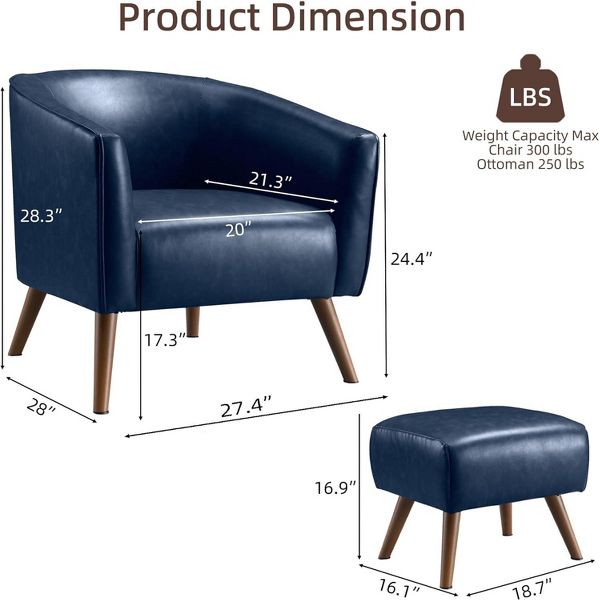 Accent Chair with Ottoman Modern Barrel Chair Footrest Mid Century Upholstered Armchair for Living Room Bedroom Office