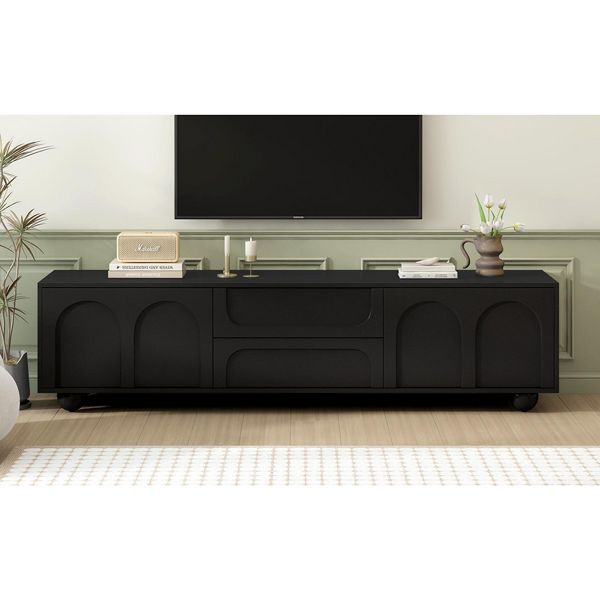 TiramisuBest Cream TV Stand with Arched Doors and Drawers for TVs up to 75 Inch Minimalist Media Console Rebound Device Iron Round Legs