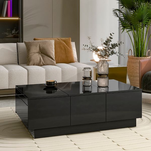 TiramisuBest Modern Coffee Table, 39.3"x21.6" Black High-Gloss with Sliding Top, Storage & Drawers,Black
