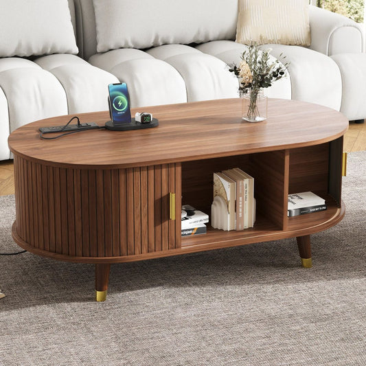 TiramisuBest Walnut 42.5" Oval Fluted Coffee Table, Mid-Century Center Table with Sliding Door & Charging Station