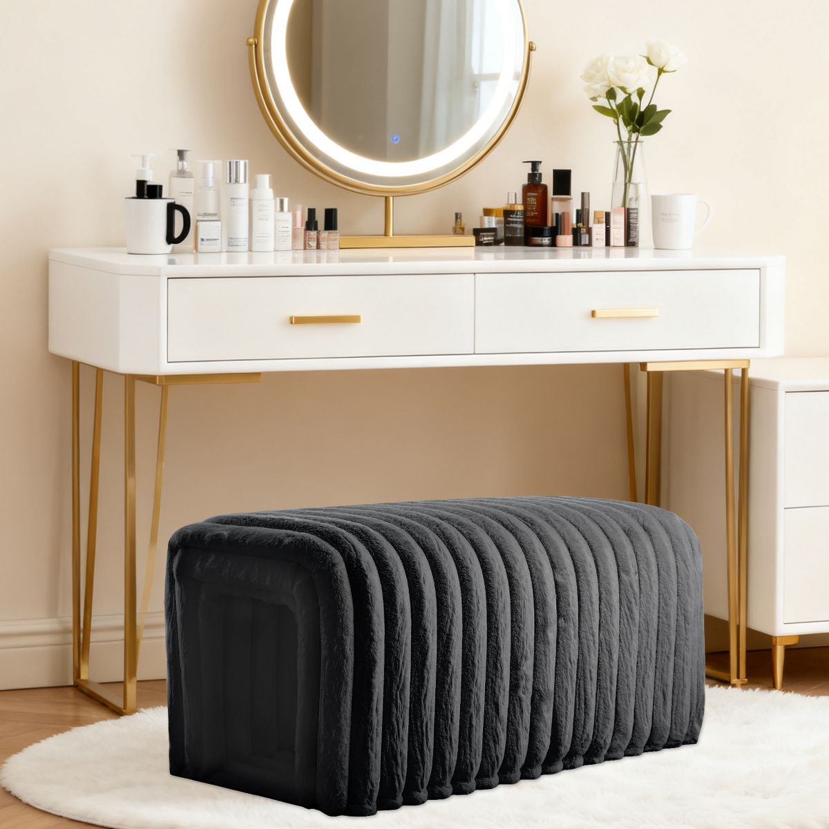 TiramisuBest Storage Ottoman Corduroy Bench Cat's Nest 3D Lamb Fleece Ottoman Oval Storage Bench Multi Functional Ottoman Seat Living Room