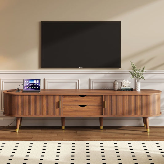 TiramisuBest Wooden Mid-Century TV Stand, Oval Fluted Farmhouse Media Console with Golden Handle,Walnut